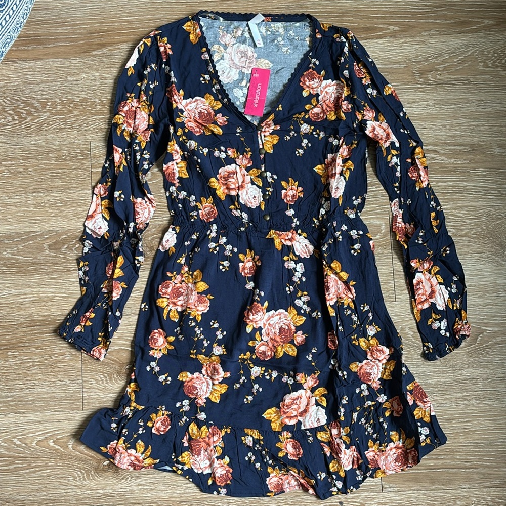 New! Xhilaration Target- navy floral/rose boho long sleeve mini dress, XS